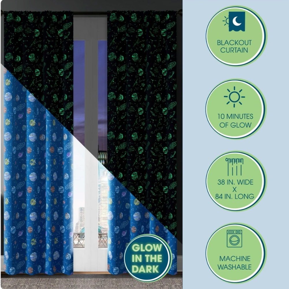 Blackout Curtain Panel Glow in the Dark, Space Blue